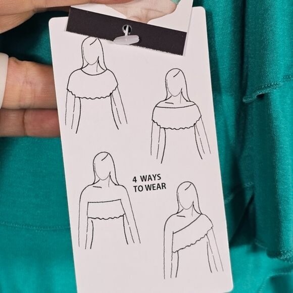 Chelsea and Theodore Aqua Ruffle Tiered Tunic Sz S Stretchy Soft 4 Way Neckline - Picture 3 of 8